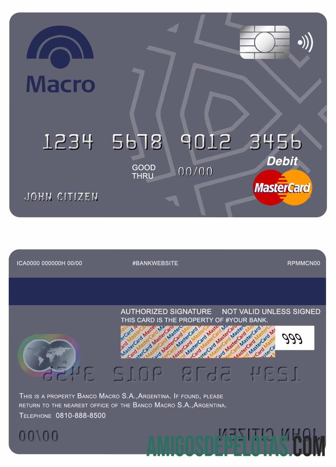 Argentina Banco Macro S.A. Cartão de Débito Bank Mastercard exemplo